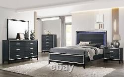 SPECIAL Modern Black Finish 5 piece Lighted King Queen Bedroom Set Furniture ABI