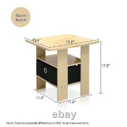 Set 2 Beech Finish Wooden End Table Nightstand Accent Side Black Drawer Storage
