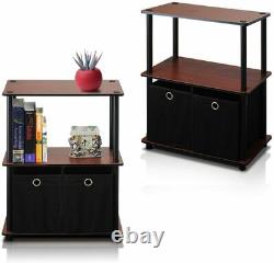 Set 2 Dark Cherry Finish Nightstand Bedside Table End Side Storage 2 Black Bins