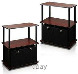 Set 2 Dark Cherry Finish Nightstand Bedside Table End Side Storage 2 Black Bins
