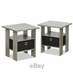 Set 2 Gray Finish Wooden End Table Nightstand Accent Side Black Drawer Storage