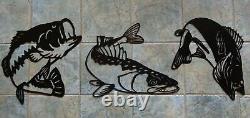 Set 3 Bass Muskie Walleye Fish Plasma Cut Metal Wall Art Black Textured Finish