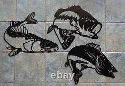 Set 3 Bass Muskie Walleye Fish Plasma Cut Metal Wall Art Black Textured Finish