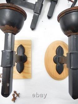 Set 8 Vintage Single Arm Metal Sconces. Rust & Black Painted Finish. Library