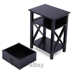 Set of 2 Finish Nightstand Bedside Table Shelf Bedroom Black End Side Storage