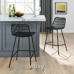 Set of 2, Natural Rattan Indoor Bar Chair, Black Finish Steel legs