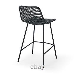 Set of 2 Natural Rattan Indoor Bar Chair Black Finish Steel legs