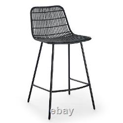 Set of 2, Natural Rattan Indoor Bar Chair, Black Finish Steel legs