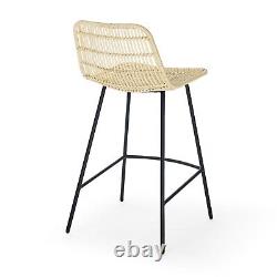 Set of 2, Natural Rattan Indoor Counter Chair, Black Finish Steel legs