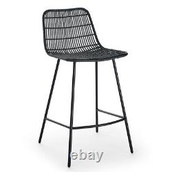 Set of 2 Rattan Indoor Bar Dining Room Chairs Black Finish Steel legs High Stool
