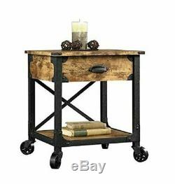 Set of 2 Rustic Side Tables Country Pine Finish Wood & Metal End Nightstand Big