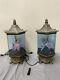 Set Of 2 Vintage Fiber Optic Lamps Flower Pagoda Antique Gold Finish Lights Mcm