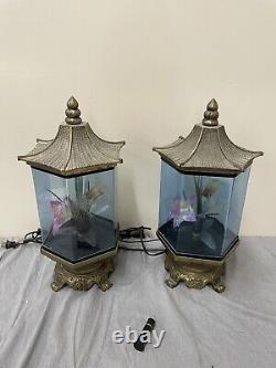 Set of 2 Vintage Fiber Optic Lamps Flower Pagoda Antique Gold Finish Lights MCM