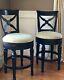 Set Of 2 Swivel Cross Back Wood Counter Stools In Antique Black Finish