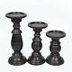 Set Of 3 Farmhouse Mango Wood Candle Holders, In Black Finish