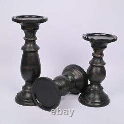 Set of 3 Farmhouse Mango Wood Candle Holders, in Black Finish