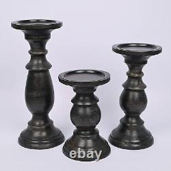 Set of 3 Farmhouse Mango Wood Candle Holders, in Black Finish