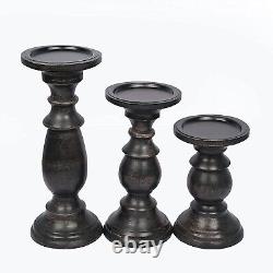 Set of 3 Farmhouse Mango Wood Candle Holders, in Black Finish