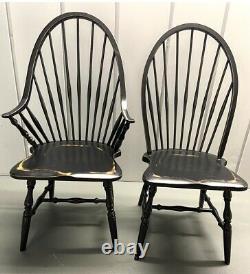 Set of 8 Windsor Dining Chairs Black Weathered Finish 2 Arm Solid Wood