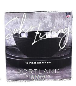 Soho Living Portland 12pc Stoneware Dinner Set Ribbed Glossy Black Finish