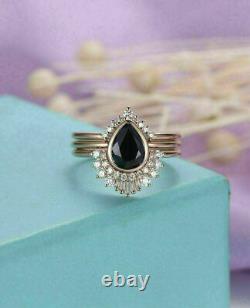 Sparkling 3Ct Pear Cut AAA Black Diamond Bridal-Set Ring 14K White Gold Finish
