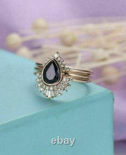 Sparkling 3Ct Pear Cut AAA Black Diamond Bridal-Set Ring 14K White Gold Finish