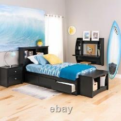 Storage Bed Twin Size Wood Platform Freestanding Classic Style in Black Finish