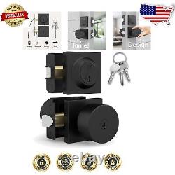 Stylish Reversible Door Knob & Keyed Deadbolt Set Durable Matte Black Finish