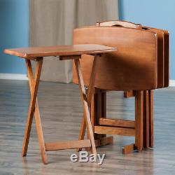 Teak Finish 5 pc Wooden Tray Table Set Folding Portable Snack Stand TV Dinner