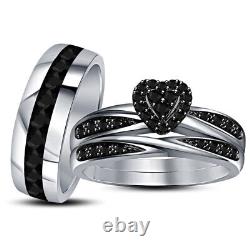 Trio Set Black Simulated Heart Halo Engagement Wedding Ring White Gold Plated