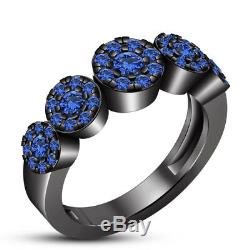 Trio Wedding Ring Blue Sapphire His/Her Band Set For Matching Black Gold Finish