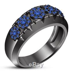 Trio Wedding Ring Blue Sapphire His/Her Band Set For Matching Black Gold Finish