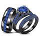 Trio Wedding Ring His And Hers Bridal Bands Set Blue Sapphire Black Gold Finish