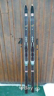 VINTAGE Set 74 Long Wooden Skis with Black Finish with Metal Bindings