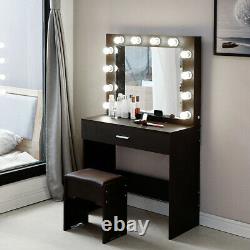 Vanity Makeup Table Stool Set with 12 Led Lighted Mirror Hollywood Dresser Desk