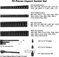 Versatile 70-Piece Impact Socket Set Black Phosphate Finish & Extension Bars