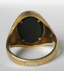 Vintage 14k Gold Mens Modernist Oval Onyx Bezel Set Brushed Finish Ring 7.3gr