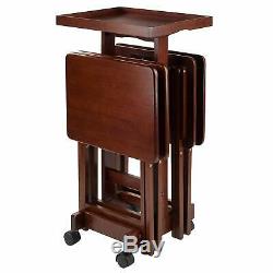 Walnut Finish 5 pc Wooden Tray Table Set Folding Portable Snack Stand TV Dinner