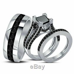 Wedding Princess Cut Diamond Trio Ring Engagement Band Set 14k White Gold Finish