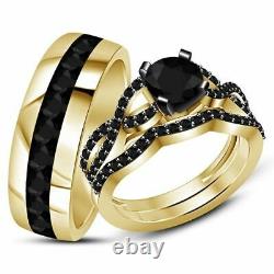 Wedding Ring Set Yellow Gold Finish Diamond Engagement His Her Bridal Band Trio