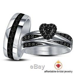 Wedding Trio His and Hers Bridal Band Engagement Ring Set White Gold Finish