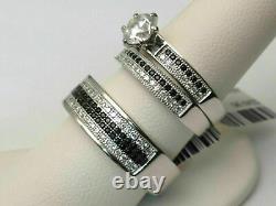 White & Black Diamond Trio His Her Bridal Wedding Ring Set 14K White Gold Finish