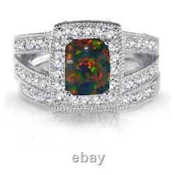 White Gold Finish Emerald Black Fire Opal Engagement Wedding Silver CZ Ring Set