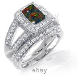 White Gold Finish Emerald Black Fire Opal Engagement Wedding Silver CZ Ring Set