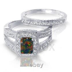 White Gold Finish Emerald Black Fire Opal Engagement Wedding Silver CZ Ring Set