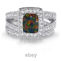 White Gold Finish Emerald Black Fire Opal Engagement Wedding Silver CZ Ring Set