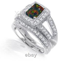 White Gold Finish Emerald Black Fire Opal Engagement Wedding Silver CZ Ring Set