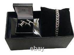 White Gold Finish Men's Curb Bracelet And Black Onyx Cuff Links Gift Set