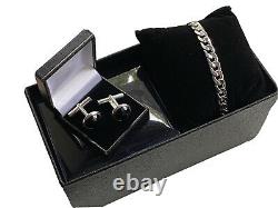 White Gold Finish Men's Curb Bracelet And Black Onyx Cuff Links Gift Set
