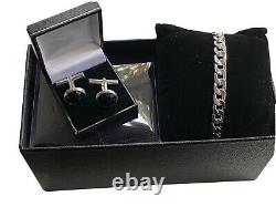 White Gold Finish Men's Curb Bracelet And Black Onyx Cuff Links Gift Set